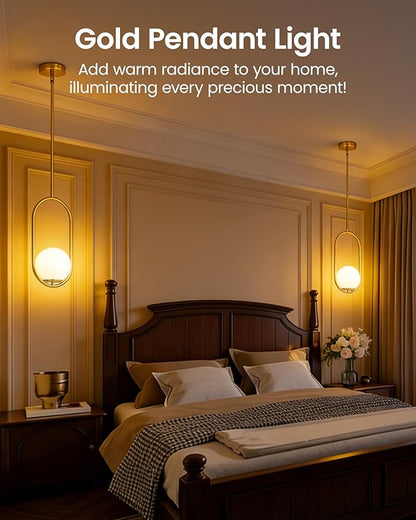 Yunnix Pendant Lights Kitchen Island, Pendant Light Fixtures, 2 Pack Modern Gold Globe Glass Pendant Lighting, Brass Mid Century Chandelier One Light for Bathroom Bedroom Dining Room