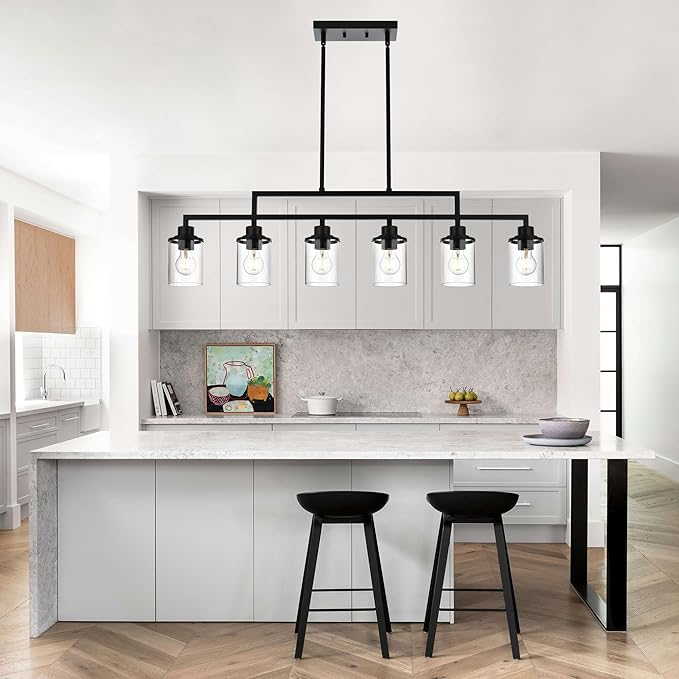 43.3" Kitchen Island Lighting, 6-Light Dining Room Light Fixture,Black Chandelier Farmhouse Linear Pendant Lighting for Kitchen Island Dining Table Living Room, Height Adjustable
