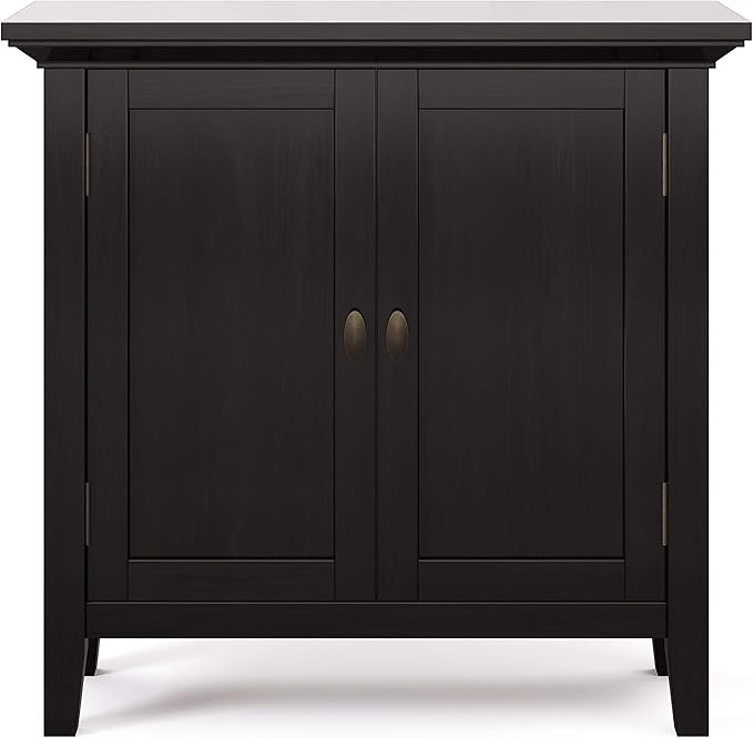SIMPLIHOME Redmond Storage Cabinet - 32 inch Wide Solid Wood 2-Shelf Low Storage Cabinet in Hickory Brown, Transitional Accent Cabinet for Entryway with Adjustable Shelves and Tapered Legs