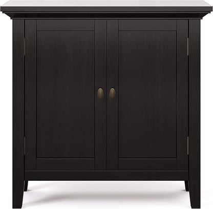 SIMPLIHOME Redmond Storage Cabinet - 32 inch Wide Solid Wood 2-Shelf Low Storage Cabinet in Hickory Brown, Transitional Accent Cabinet for Entryway with Adjustable Shelves and Tapered Legs