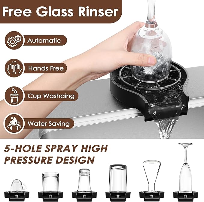 33x22 Inch Kitchen Sink Black Drop In Stainless Steel Kitchen Sinks 16 Gauge Single Bowl Workstation Luxury Top Mount Sink with 6 Accessories Include Glass Rinser (Brushed Nickel)