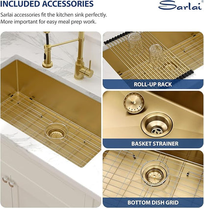 Sarlai 32 Inch Gold Undermount Kitchen Sink - 32 x 19 Inch Kitchen Sink Undermount Gold Stainless Steel Single Bowl Under-Mount 16 Gauge Sinks Under Counter Round Corner Basin