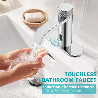 Automatic Sensor Touchless Bathroom Faucet, Manual Waterfall Faucets with Temperature Control Knob, Modern Chrome Sink Faucet Stainless Steel, Hands Free Lavatory Faucets for Single Hole
