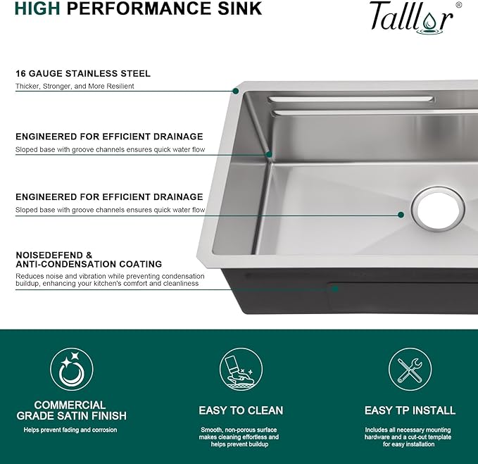 32 Undermount Kitchen Sink - 32"x17" Two-Tiered Ledge Workstation 16 Gauge Single Bowl Undermount Sink Stainless Steel All-In One Under Counter Sinks Upgraded Fast Drain & Anti-Clog #TLU-0031