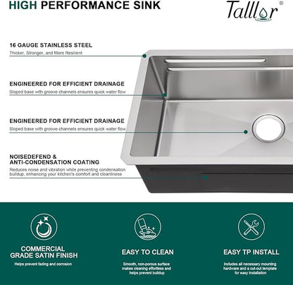 32 Undermount Kitchen Sink - 32"x17" Two-Tiered Ledge Workstation 16 Gauge Single Bowl Undermount Sink Stainless Steel All-In One Under Counter Sinks Upgraded Fast Drain & Anti-Clog #TLU-0031
