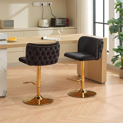 Furniture,Swivel Adjusatble Seat Height with Gold Plating Base, Classic Velvet Upholstered Bar Stools with The Whole Back Tufted, for Home Pub and Kitchen Island,Black,Set of 2