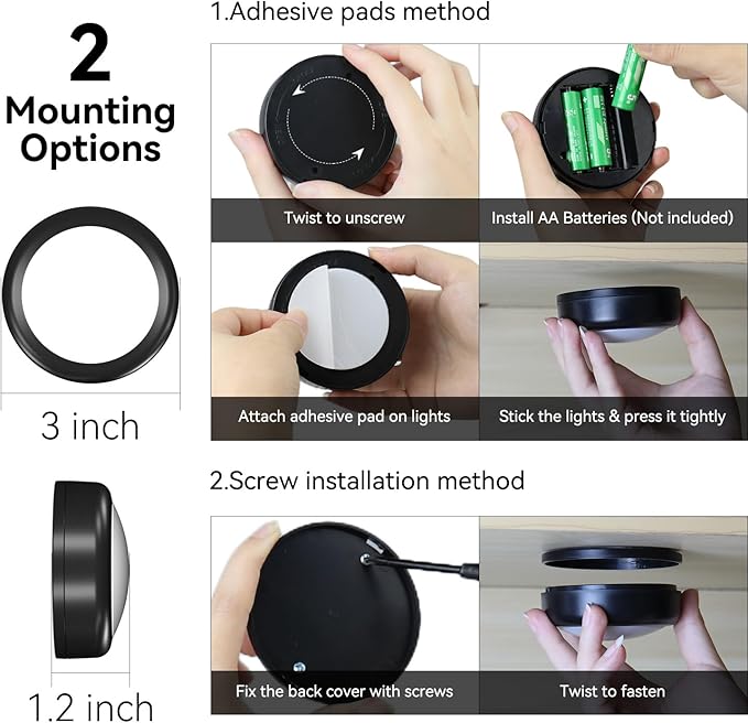 LED Puck Lights with Remote, 13-Color Under Cabinet Lighting Wireless, Battery Operated Stick-On Lights, Dimmable Push Light for Closet/Shelf/Wall (Black-6 Pack)