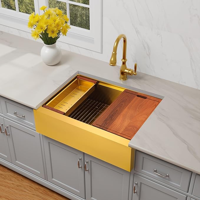 33-Inch Farmhouse Kitchen Sink, 16 Gauge Stainless Steel Farm Sink, Undermount Single Bowl, Brushed Finish, Deep Basin, Workstation Design with Accessories (Gold, 33" x 22" x 10")