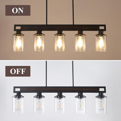 Farmhouse Dining Room Light Fixture Over Table, 5-Light Wood Kitchen Island Lighting, Black Adjustable Pendant Light with Clear Glass Shades, Linear Chandeliers Lighting for Kitchen