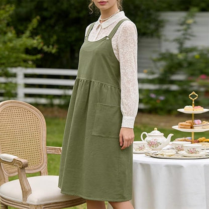 Cityelf Vintage Pinafore Apron Dress Snap Adjust Linen Cotton with Pockets Floral Aprons for Cooking Gardening