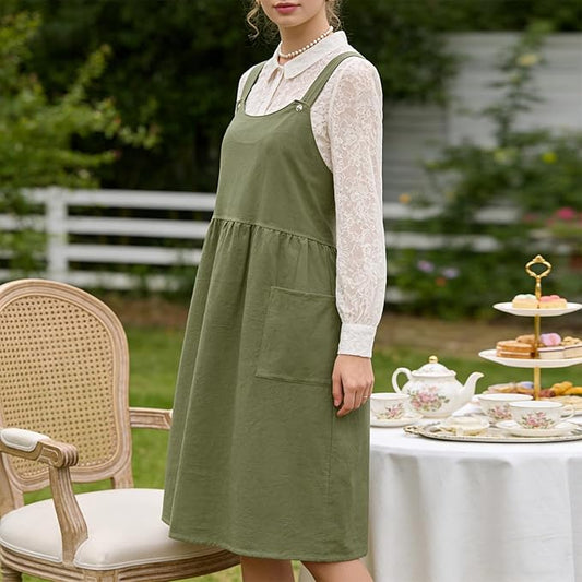 Cityelf Vintage Pinafore Apron Dress Snap Adjust Linen Cotton with Pockets Floral Aprons for Cooking Gardening