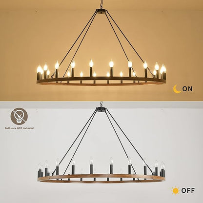 24-Light Wagon Wheel Chandelier Farmhouse, 54 Inch Large Chandeliers for High Ceilings, Modern Rustic Farmhouse Chandelier for Dining Room, Living Room, Entryway, Black&Khaki