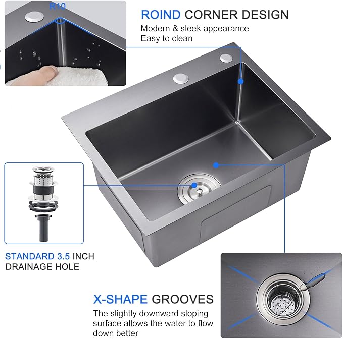 MENATT 24 Inch Drop-in Single Bowl Kitchen Sink Black, 304 Stainless Steel Handmade Topmount Kitchen Bar Residential Sink, D24"xW18"xH9"