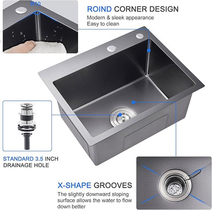 MENATT 24 Inch Drop-in Single Bowl Kitchen Sink Black, 304 Stainless Steel Handmade Topmount Kitchen Bar Residential Sink, D24"xW18"xH9"