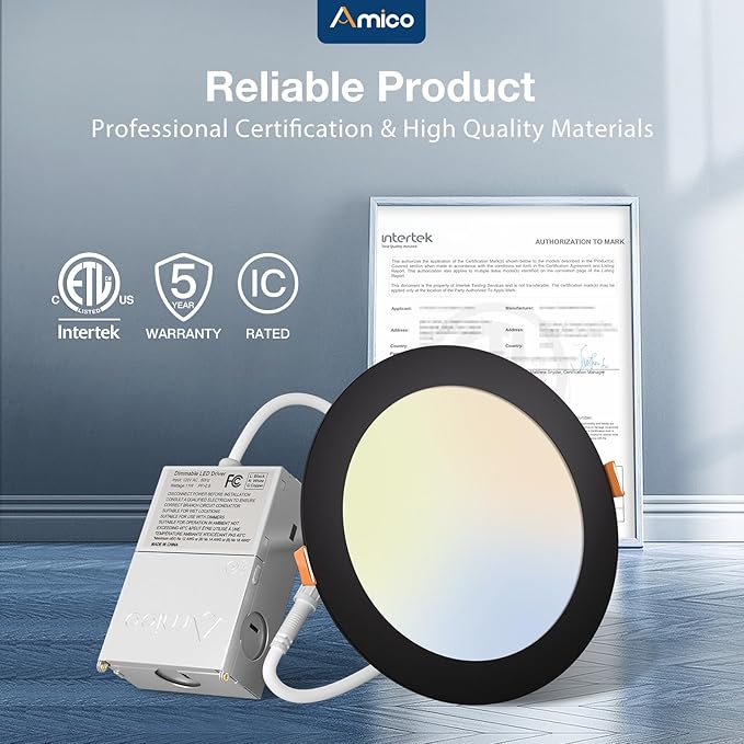Amico 1 Pack 6 Inch 5CCT Ultra-Thin LED Recessed Ceiling Light with J-Box, 2700K/3000K/3500K/4000K/5000K Selectable, 12W Eqv 110W, Dimmable Canless Downlight, 1050LM High Brightness, Black - ETL