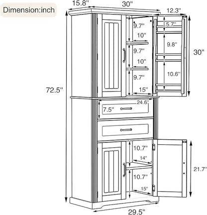 Storage Cabinet with 4 Doors and 2 Drawers, 72.5" H Kitchen Cabinet with 6 Door Shelves, Kitchen Storage Cabinets with Adjustable Shelves for Living Room, Gray