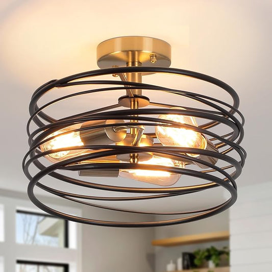 Black Rustic Drum Semi Flush Ceiling Light with 3-Light Brass Base, Modern Gold Farmhouse Chandeliers Metal Cage for Dining Room, Industrial Pendant Light for Entryway Kitchen Foyer Bedroom