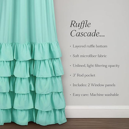 Lush Decor Allison Ruffle Light Filtering Window Curtain Panels Pair 40" W x 84" L Aqua - Coquette Curtains for Bedroom - Drapes - Ruffle Curtains Kids