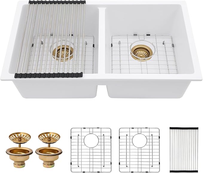 33 Granite Composite Kitchen Sink - Couoko 33x19 Inch Undermount Granite Kitchen Sink White Quartz Sink Under Counter Double Bowl Sink Basin 50/50