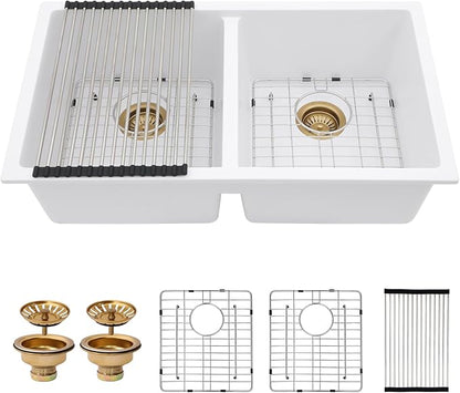 33 Granite Composite Kitchen Sink - Couoko 33x19 Inch Undermount Granite Kitchen Sink White Quartz Sink Under Counter Double Bowl Sink Basin 50/50