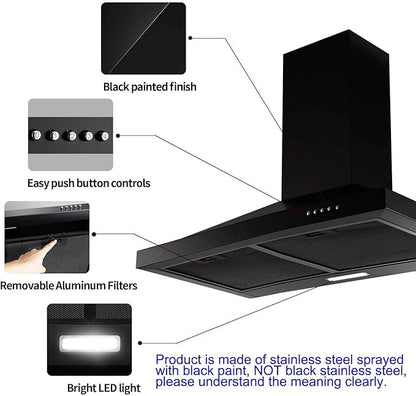 SNDOAS 24 inch Range Hood Black,Stainless Steel Chimney-Style Kitchen Hood, Ductless Stove Hood Vent with Energy Saving LED Light,Wall Mount Vent Hood, Push Button 3-Speed Exhaust Fan