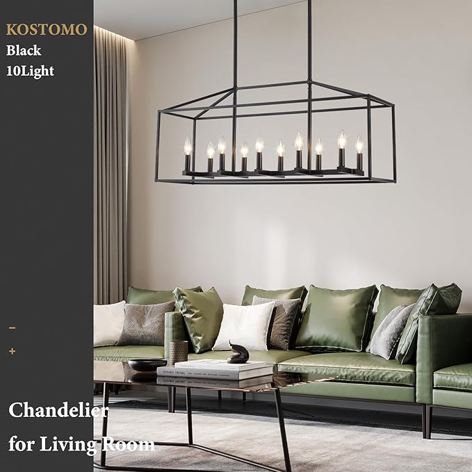 Dining Room Light Fixtures 10-Light Kitchen Island Light Modern Farmhouse Chandeliers Adjustable Height Rectangle Large Chandelier Modern Ceiling Light Black Pendant Light