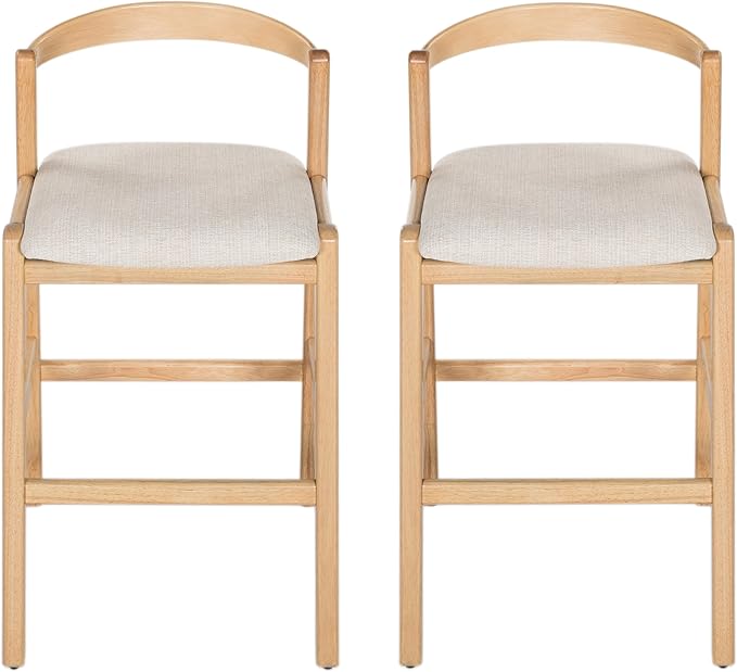 Set of 2 Bar Stools, Solid Rubber Wood Frame with Beige Polyester Cushion, Ergonomic Backrest & Smooth Lines, Modern Kitchen Island Chairs for Dining Room (Natural)
