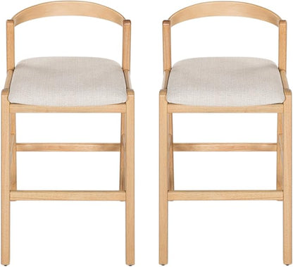 Set of 2 Bar Stools, Solid Rubber Wood Frame with Beige Polyester Cushion, Ergonomic Backrest & Smooth Lines, Modern Kitchen Island Chairs for Dining Room (Natural)
