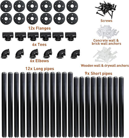 HITOMEN Industrial Iron Pipe Shelves, 3 Set 4-Tier 41.5" Tall 12" Depth, DIY Open Bookshelf Bookcase, Wall Mounted Vintage Retro Shelving, Rustic Farmhouse Pantry Kitchen Storage, Black Shelf Brackets