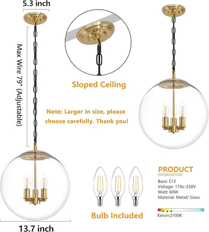 KoKo&Yukina 14" Gold Globe Pendant Light Mid Century Pendant Light Clear Glass Pendant Lights Kitchen Island Adjustable Hanging Light Fixture for Dining Room Bedroom Kitchen Island