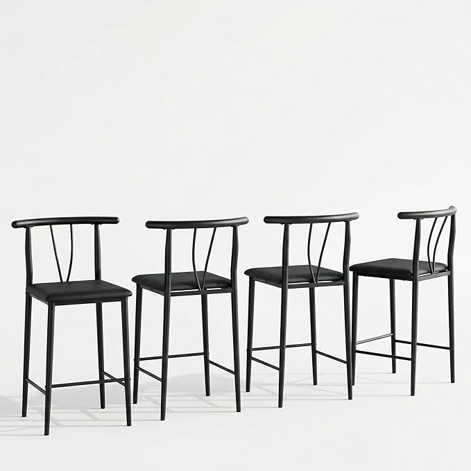 IDEALHOUSE 25.2" Bar Stools Set of 4 with Wide PU Upholstered Seat, Counter Height Bar Stools Set with Footrest & Curved Back, Metal Barstools Set for Kitchen Islands, Counter Bars, Black