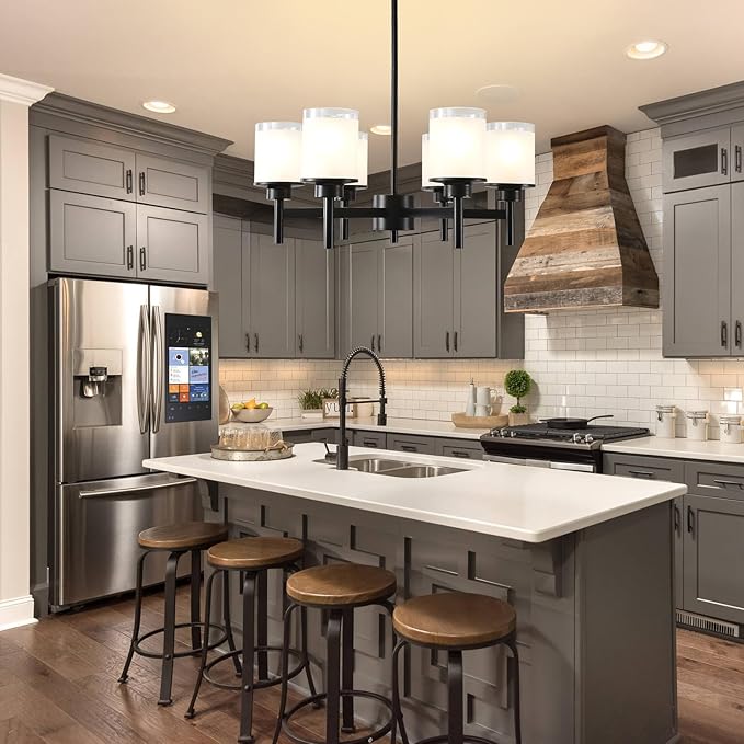 6-Light Black Chandelier for Dining Room Kitchen Island,Modern Farmhouse Pendant Lighting Over Table with Glass Shades,Industrial Metal Hanging Ceiling Light Fixture for Bedroom Hallway