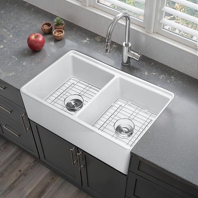 VEVOR 33x20 inch Farmhouse Sink, White Sink Workstation, Fireclay Undermount Basins, Apron Front Double Bowl Basin with Multiple Accessories, Large Capacity Household Dishwasher Sinks for Kitchen