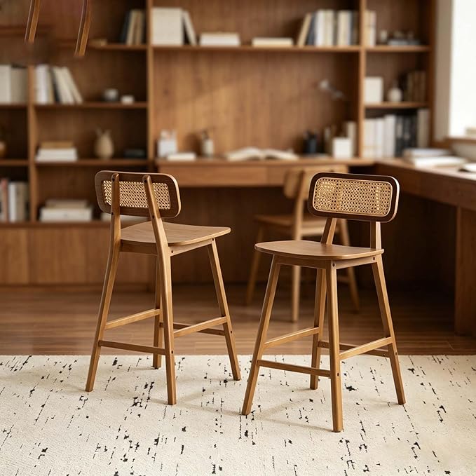 Space-Saving Wooden Barstools Set of 2, Slim Rattan Back Island Chairs, Compact Rattan Bar Stools for Small Kitchen Islands