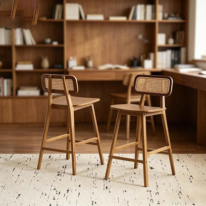 Space-Saving Wooden Barstools Set of 2, Slim Rattan Back Island Chairs, Compact Rattan Bar Stools for Small Kitchen Islands