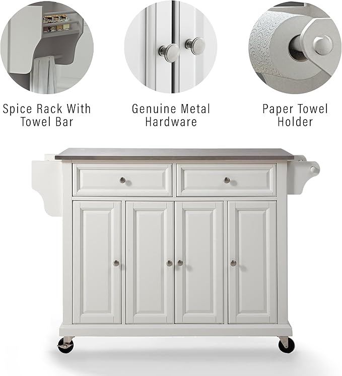 Crosley Furniture Full Size Stainless Steel Rolling Kitchen Island Storage Cart, Microwave Stand, Spice Rack, White