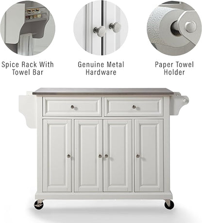 Crosley Furniture Full Size Stainless Steel Rolling Kitchen Island Storage Cart, Microwave Stand, Spice Rack, White