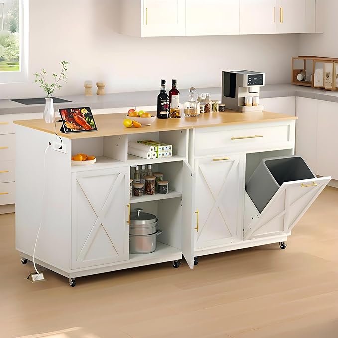 YITAHOME Double Tilt Out Trash Cabinet with Power Outlet, Hidden Trash Cabinet Fit 20-Gallon Bin, Pet-Proof Rolling Garbage Can Storage, Garbage and Recycling Island for Kitchen Dining Room, White