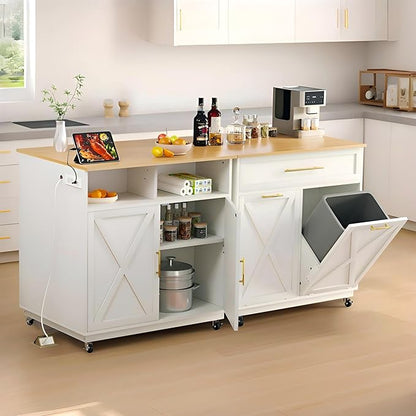 YITAHOME Double Tilt Out Trash Cabinet with Power Outlet, Hidden Trash Cabinet Fit 20-Gallon Bin, Pet-Proof Rolling Garbage Can Storage, Garbage and Recycling Island for Kitchen Dining Room, White