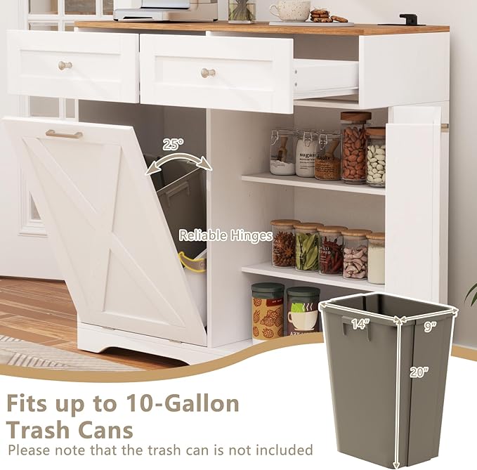 Giantex Tilt Out Trash Can Cabinet 10 Gallon, Kitchen Island with Power Outlet, 2 Drawers, Adjustable Shelves, Hidden Storage Garbage Bin Cabinet for Laundry Room Dining Room (White+Walnut)