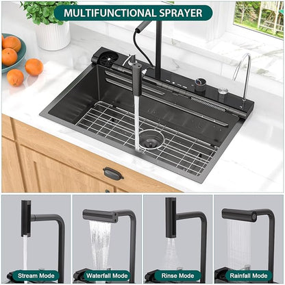 Smart Waterfall Kitchen Sink 30" Drop-In Single Bowl 16 Gauge 304 Stainless Steel Workstation Sink with Mechanical Control Panel & Pull-Down Faucet, Gunmetal Black for Decoration or Renovation