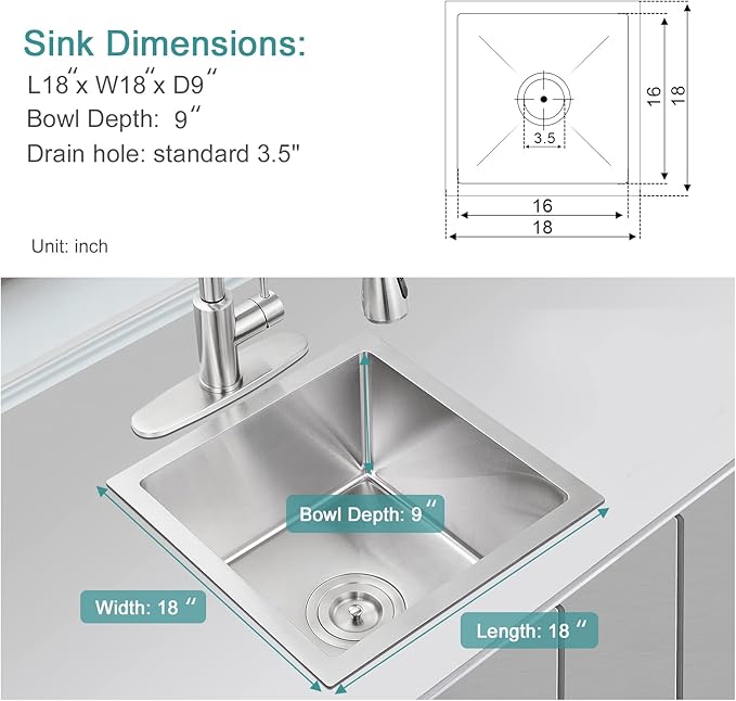 18 inch Bar Sink, KINKIB 18 x 18 x 9 inch Undermount Bar or Prep Kitchen Sink, Handmade Single Bowl T-304 Stainless Steel Small Kitchen Sink with Strainer