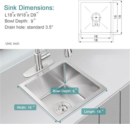 18 inch Bar Sink, KINKIB 18 x 18 x 9 inch Undermount Bar or Prep Kitchen Sink, Handmade Single Bowl T-304 Stainless Steel Small Kitchen Sink with Strainer