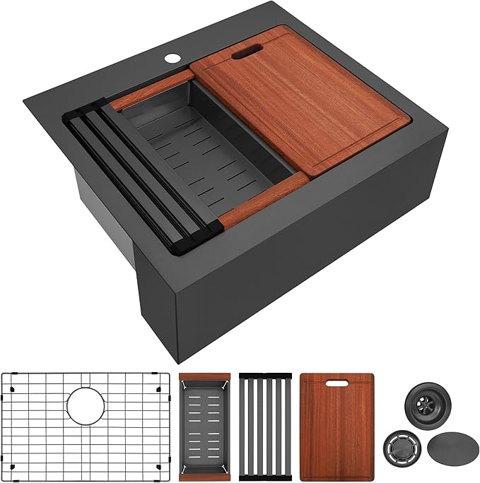 26 Inch Farmhouse Black Sink, 16 Gauge 304 Stainless Steel Farm Sinks, Drop In Topmount Single Bowl Workstation Sink with all Accessories, 26" x 22" x 10" Deep Kitchen Sink