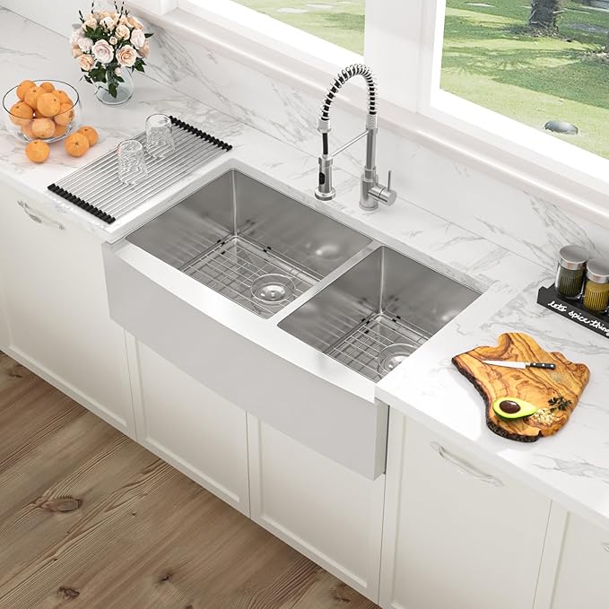 Sarlai 33 Farmhouse Sink Double Bowl- 33x21 Inch Apron Front Kitchen Sink Double Bowl 60/40 Stainless Steel 16 Gauge Round Corner Farm Farmer Kitchen Sinks