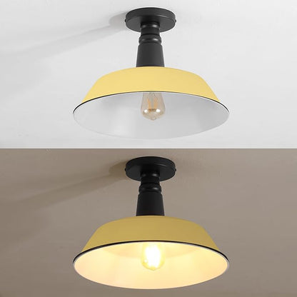 JONATHAN Y 14" Matte Yellow/Black 1-Light Industrial LED Semi Flush Mount Ceiling Light for Porch, Kitchen, Entryway, Modern Farmhouse Iron Fixture, White Metal Shade, LED Bulb Included (JYL7617H)