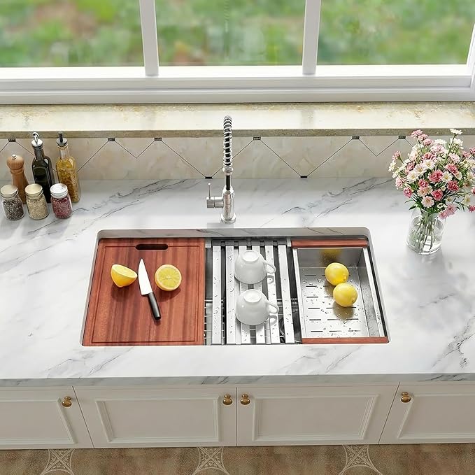 30 Inch Undermount Kitchen Sink Double Bowl, 16 Gauge T-304 Stainless Steel Workstation Sinks with Accessories, 30"x 18" x 10" Large and Deep Double Modern Sink; 50/50 Double Basin Features