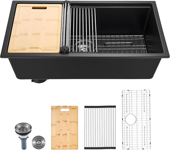 VEVOR 33 inch Kitchen Sink Workstation, Top Mount Granite Sinks, Drop-In Single Bowl Farmhouse Basin with Multiple Accessories, Household Dishwasher Sinks (19"D x 33"W x 10"H)