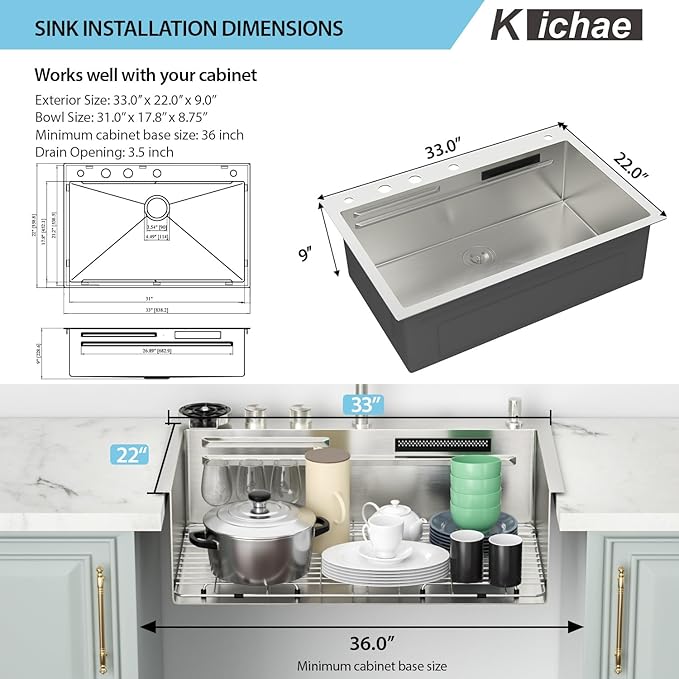 Kichae Drop In Kitchen Sink Waterfall - 33x22 Workstation Kitchen Sink Waterfall Stainless Steel 16 Gauge Luxury Handmade Single Bowl Drop Sinks with Faucet Combo & Glass Rinser