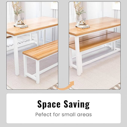 Recaceik 47" Dining Room Table Set with 2 Benches, Kitchen Dining Table Set for 4-6, Space Saving Kitchen Table and Chair Set for Dining Room, Small Space, Breakfast Nook(Walnut)